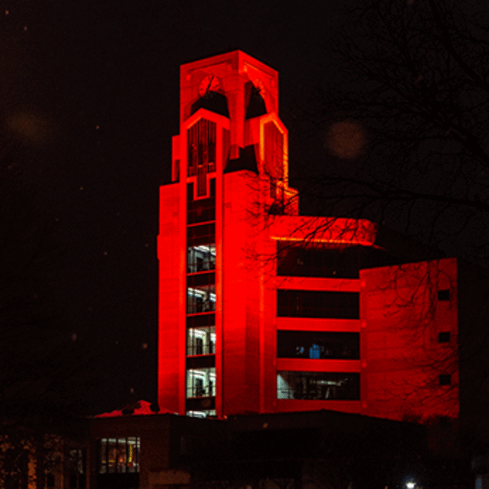 Library Tower with scarlet lighting